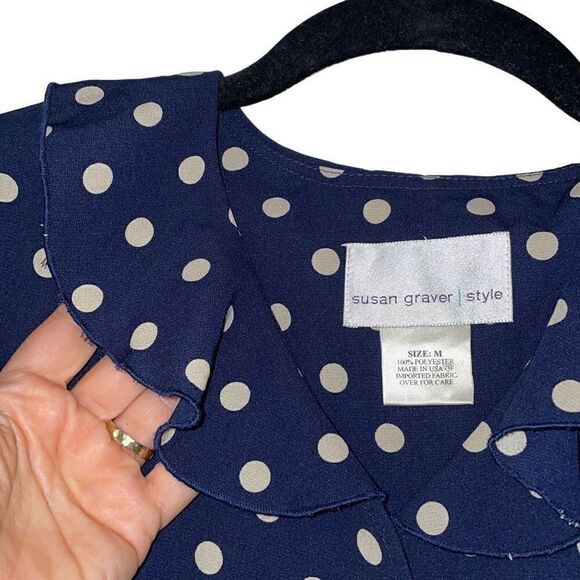 Susan Graver navy w polka dots button up gentle ruffle collar blouse M - Picture 2 of 9